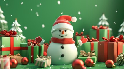 A happy snowman, dressed in a red hat and scarf, stands amidst beautifully wrapped Christmas gifts and colorful decorations on a green background. The snowman