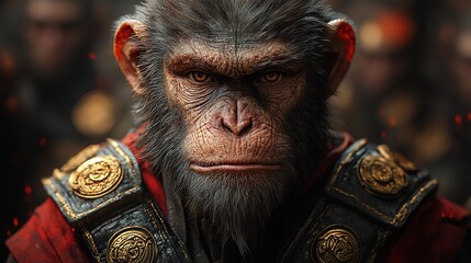 Obraz premium Sun Wukong,Wukong,A monkey warrior in armor, in the style of Chinese mythology, against a black background, game character design,
