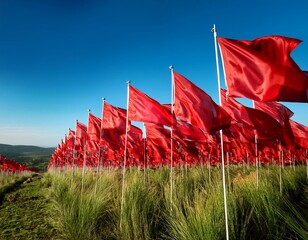 A field of red flags blowing in the wind.
