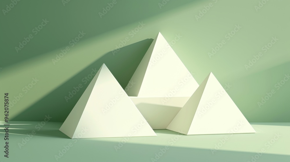 Poster a minimalist composition featuring three white pyramids against a soft green background. the clean l