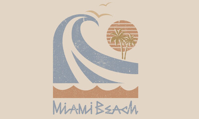 Beach wave artwork. Summer vector graphic design for apparel, stickers, posters, background and others. Surfing club vector design. Miami beach paradise artwork.