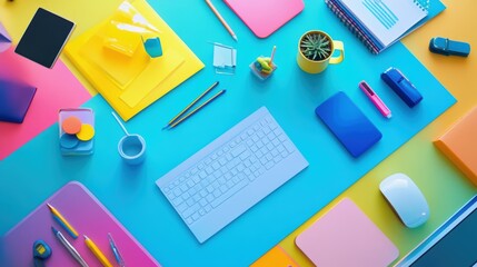Blue and multi-colored tech gadgets arranged on a futuristic desk with vibrant office decor