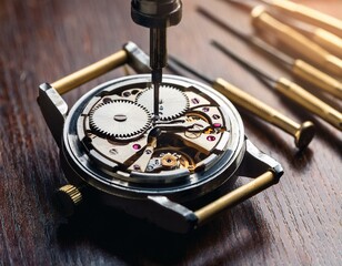 Fototapeta premium A photorealistic image of a vintage watch being meticulously assembled