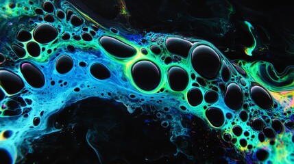 neon blue and green abstract liquid painting of black bubbles on a black background