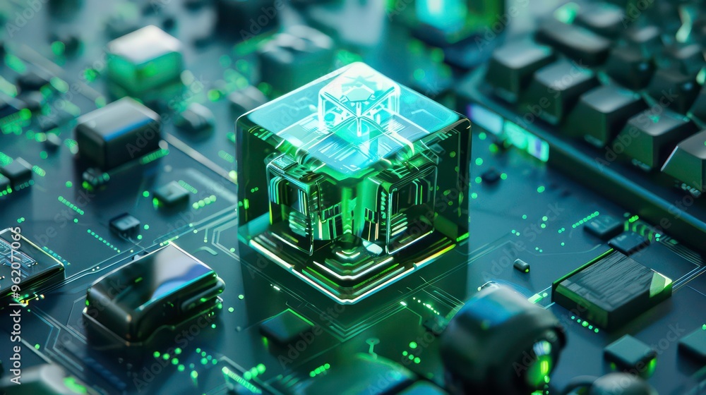 Poster a glowing green cube sits on a circuit board, representing a technological innovation.