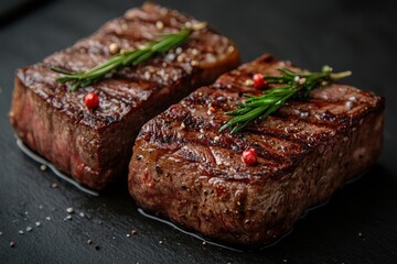 Two ribeye steaks on a wooden board