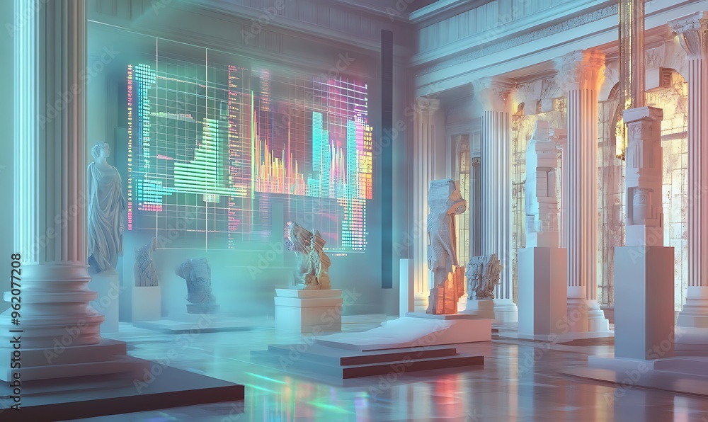 Poster ancient statues in a hall with digital data projection