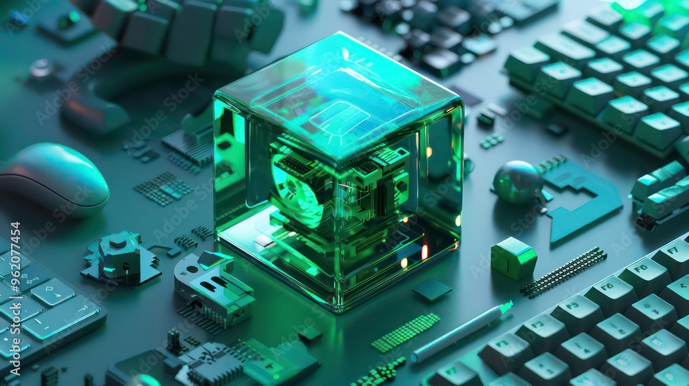 Poster a transparent cube with a glowing interior sits on a surface surrounded by various tech components.