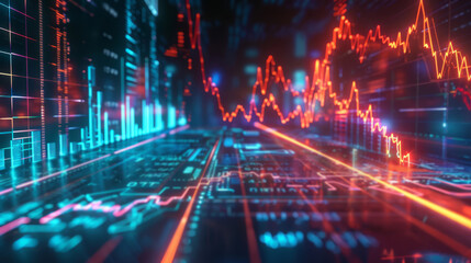 Futuristic 3D representation of a stock market downturn with glowing red lines and digital data in a dark virtual environment, illustrating financial market volatility.
