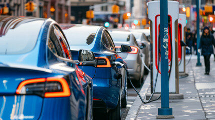 Electric Car Charging Station In Busy City Street.  The Future Of Transportation Is Here.