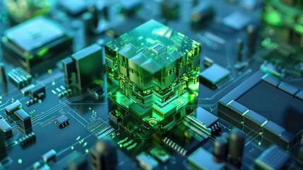 A futuristic green crystal cube sits on a circuit board, representing innovation and technology.