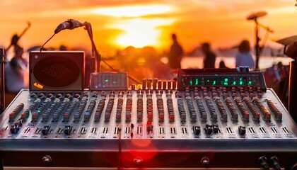 An audio mixing console at a live concert event glows with vibrant controls as the sun sets in the background.
