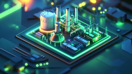 a 2.5D icon in cartoon style, featuring a power station and an electricity station connected by light beams on a square platform