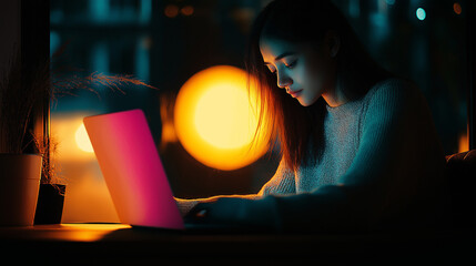 Girl working on laptop dark lighting