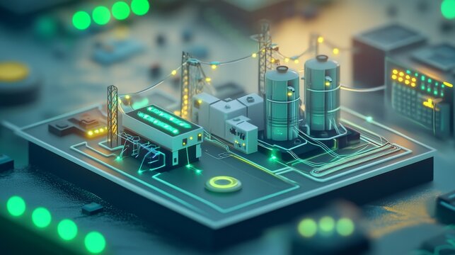 a 2.5D icon in cartoon style, featuring a power station and an electricity station connected by light beams on a square platform