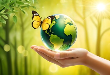 Environment conservation concept with globe  tree  butterfly. Earth Day card.