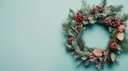 Christmas Wreath decorations light blue background 
