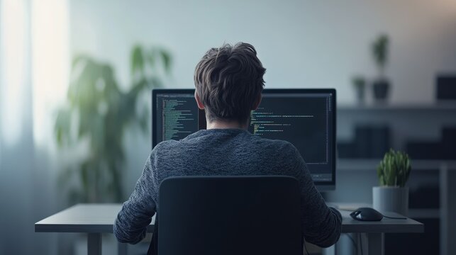 Software developer programming on dual monitors in a minimalistic workspace with natural light. Clean and modern home office setup.