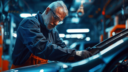 Mechanic working on car engine in a workshop.  blue and orange color tones.  automotive repair.