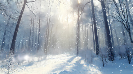 Naklejka premium Winter solstice in isolated snowy forest after snow fall. beautifully natural winter scene, blizzard trees, snow,generative ai. Snowy Forest. Illustration