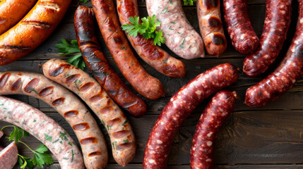 Assortment Of Grilled Sausages On Rustic Wooden Table.