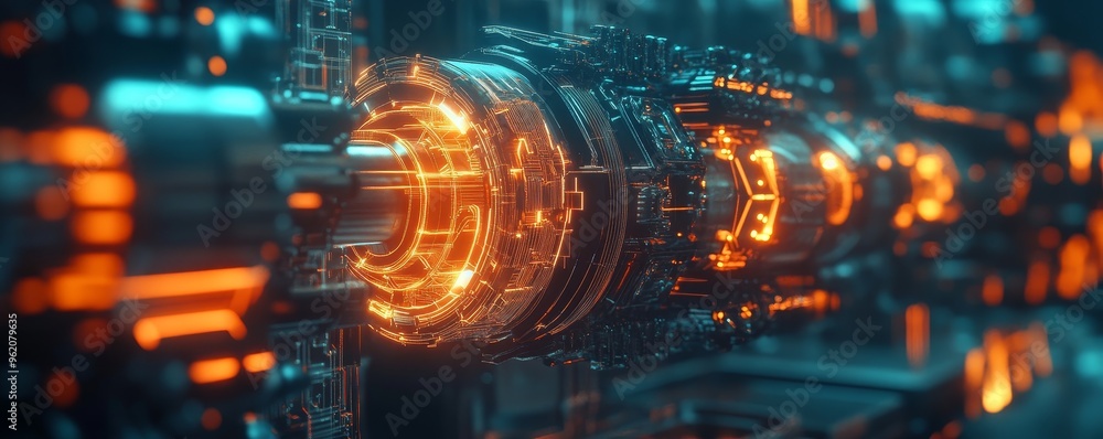 Aufkleber futuristic 3d render of advanced high-tech machine with glowing wireframe elements and dynamic light