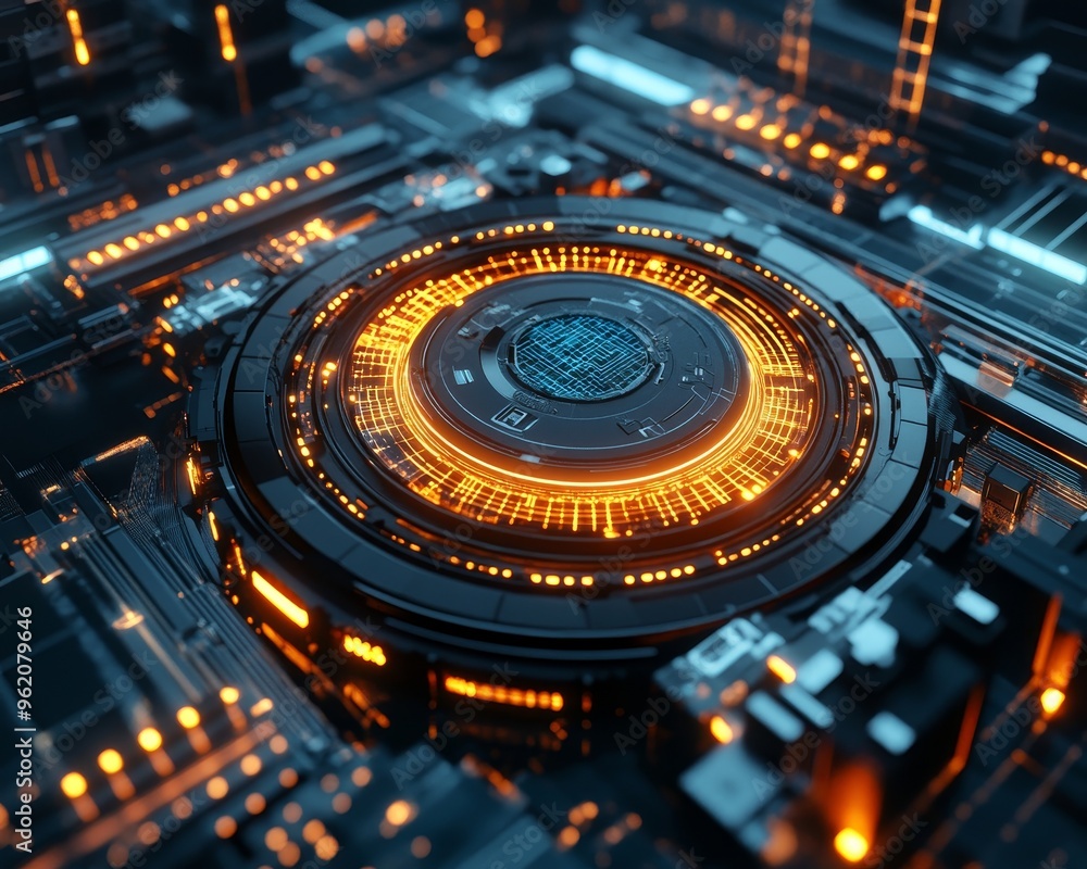 Aufkleber futuristic 3d render of high-tech machine with glowing wireframe components in intricate geometric p