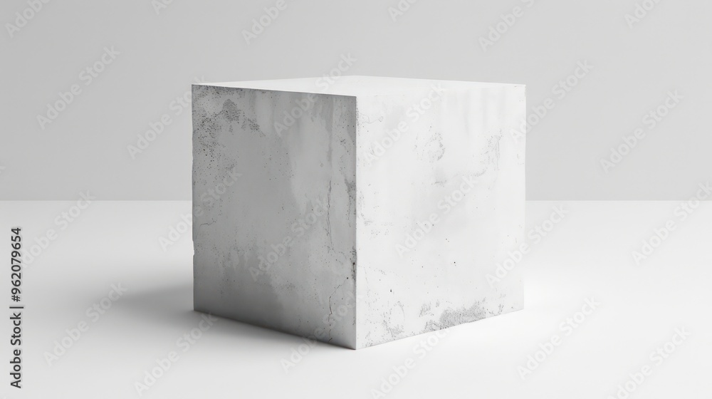 Aufkleber a single white cube sits on a white surface with a subtle shadow.