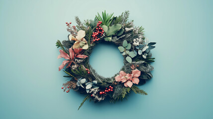 Christmas wreath on a light blue background 