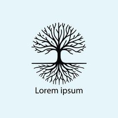 A black and white drawing of a tree with roots in the middle