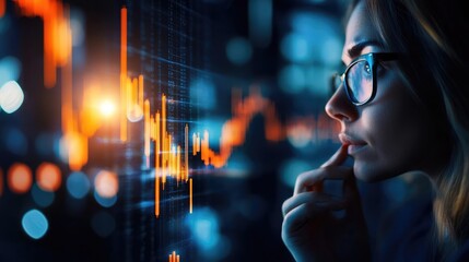 Focused woman looking at digital stock market data with thoughtful expression, symbolizing analysis and investment strategy.