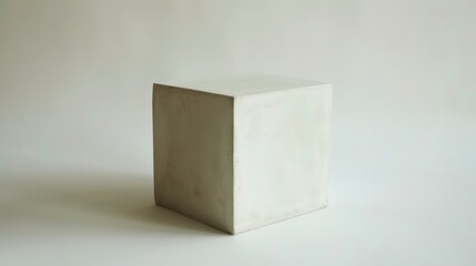 A white cube sits on a white background. The cube is slightly textured and casts a shadow on the surface.