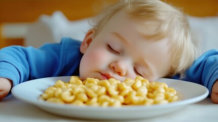 A baby sleeping on a plate of macaroni and cheese, AI
