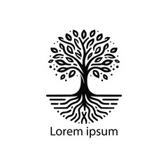 A black and white drawing of a tree with roots in the middle