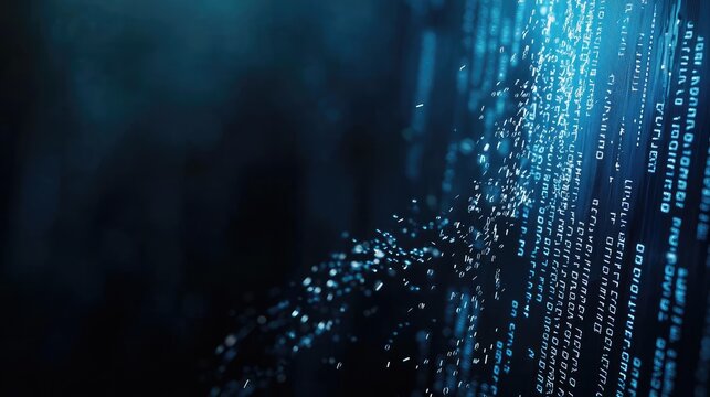 Abstract digital background featuring floating binary code, representing technology, data, and innovation in a futuristic style.