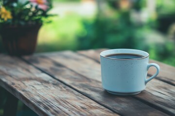 A white ceramic cup filled with steaming coffee sits on a rustic wooden table against a backdrop of blurred green plants.