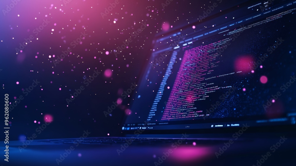 Fototapete Laptop screen with programming code and sparkles floating around, representing the magic of coding and software development. Ideal for futuristic or tech-themed visuals.
