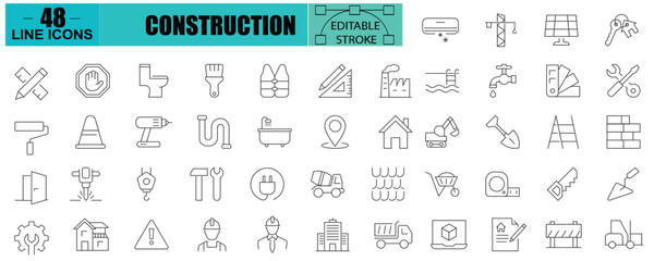 Set of outline construction icons. Construction tools, builders and equipment symbols. Builder, crane, engineering, equipment, helmet, tool, house - stock vector.