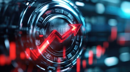 Futuristic graphic displaying a dynamic growth trend with an arrow and technical elements, ideal for financial and tech themes.