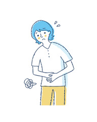 お腹を押さえている困った表情の女性　