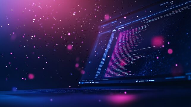 Laptop screen with programming code and sparkles floating around, representing the magic of coding and software development. Ideal for futuristic or tech-themed visuals.
