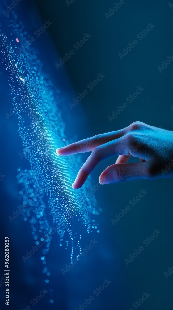 Aufkleber Hand hovering over futuristic virtual interface with glowing data particles. Advanced programming and digital technology concepts.