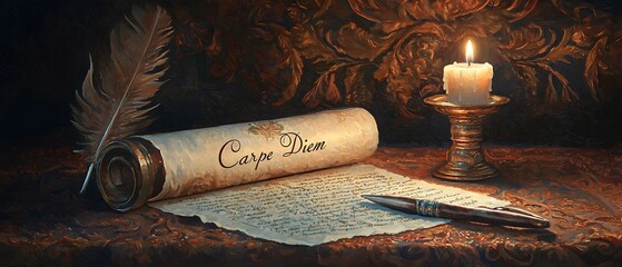 Carpe Diem Scroll Candlelight Quill Pen Old Paper
