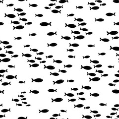 Seamless vector repeat pattern with tiny black and white swimming fish schools groups. Monochrome bw coastal, swim, poolside, tropical backdrop with ditsy fish schools