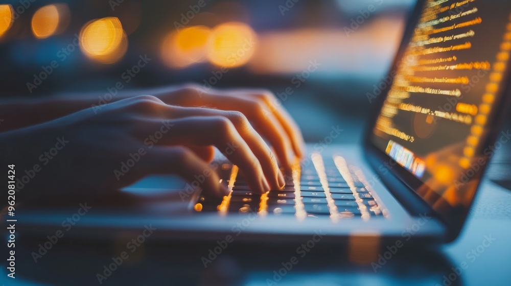 Fototapete Developer coding on a laptop with soft bokeh lights in the background, highlighting software creation.
