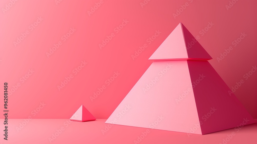 Poster a minimalistic scene featuring two pink geometric pyramids of different sizes set against a pink bac