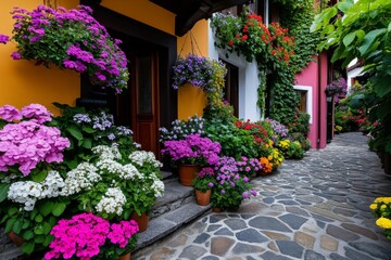 Fototapeta premium Beautiful cozy street, hidden gardens, lush greenery reveals secret gardens and courtyards, filled with flowers and vines