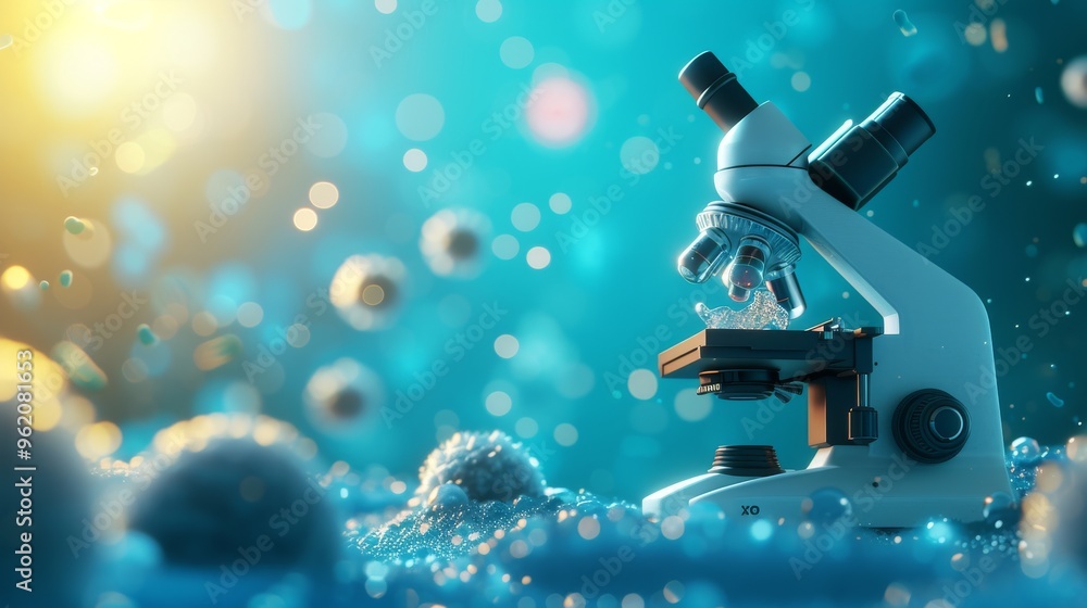 Poster a striking image of a microscope set in a surreal, dreamy blue environment with soft lighting and fl