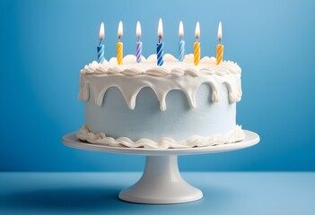 White birthday cake over blue background  Birthday cake