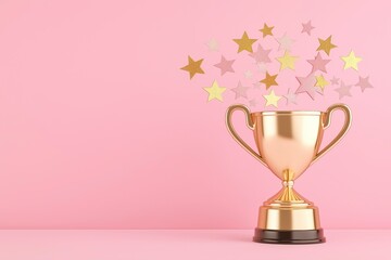 A golden trophy with stars spilling out of it on a pastel pink background, a celebration concept.